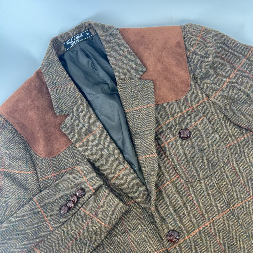 Paul Jones Mens Brown Herringbone Tweed Blazer Shoulder Patch Sport Coat M Wool